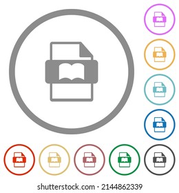 Book file type flat color icons in round outlines on white background