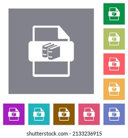 Book file type flat icons on simple color square backgrounds
