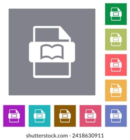 Book file type flat icons on simple color square backgrounds
