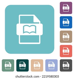 Book file type white flat icons on color rounded square backgrounds