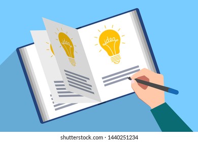 Book filled with picture of light bulb and the text of idea. Hand with pen are writing description of new genial idea. Generator of ideas, creative person, author creativity