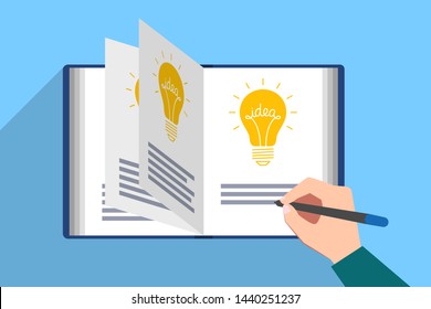 Book filled with picture of light bulb and the text of idea. Hand with pen are writing description of new genial idea. Generator of ideas, creative person, author creativity