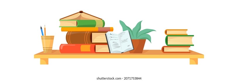 Estante llena de libros. Libros apilados en librerías o en estanterías de librerías, ilustración vectorial de icono plano aislada en fondo blanco