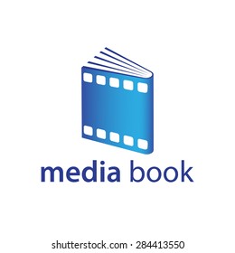 Book and the film strip logo. Blue Multimedia icon.