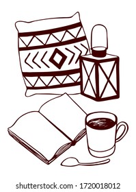 Book flashlight pillow vector illustration hand drawing outlines