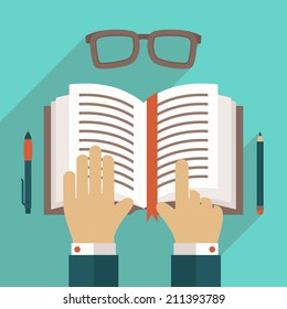 Book flat icon with hand reading person concept vector illustration