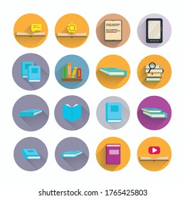 book flat icon set with long shadow, open book, education, electronic book, tutorial, video book