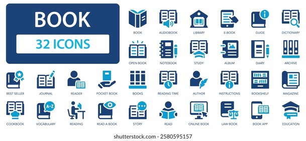 Book flat icons collection. Education, e-book, open book, library, bookshelf sign set.