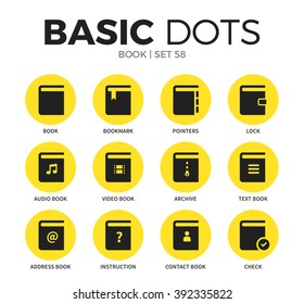 Book flat icons set with book form, bookmark form, and archive element isolated vector illustration on white