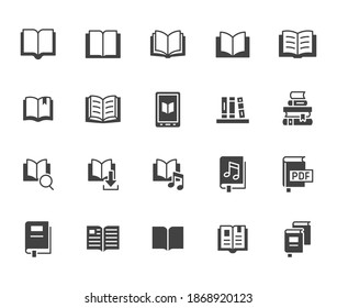 Book flat icons set. Open books, dictionary, bible, audio novel, dictionary, literature education black minimal vector illustrations. Simple glyph silhouette signs for web library app.