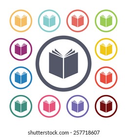 book flat icons set. Open colorful buttons 