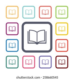 book flat icons set. Open colorful buttons 