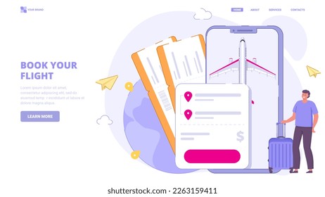 Book flight, buy tickets online, search tickets online service. Flat design concept with characters for landing page. Vector illustration for website, banner.