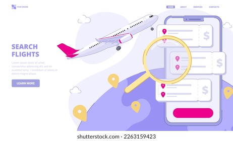 Book flight, buy tickets online, search tickets online service. Flat design concept with characters for landing page. Vector illustration for website, banner.