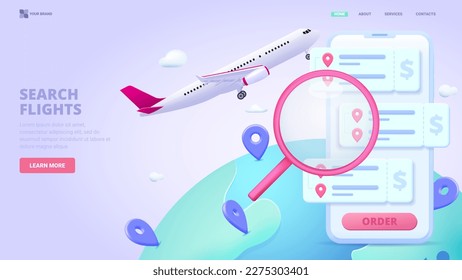 Book flight, buy tickets online, search tickets online service. 3d design concept with characters for landing page. Three dimensional vector illustration for website, banner.