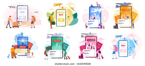 Book flight online concept. Idea of travel and tourism. Planning trip online. Buy ticket on plane in the app. Set of vector illustration in cartoon style