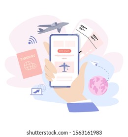 Book flight online concept. Idea of travel and tourism. Planning trip online. Buy ticket on plane in the app. Vector illustration in cartoon style
