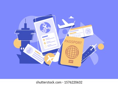 Book flight online concept. Idea of travel and tourism. Planning trip online. Buy ticket on plane in the app