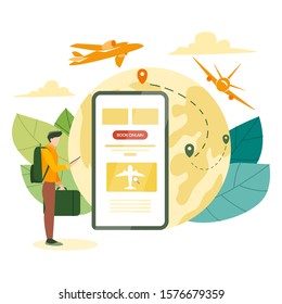 Book flight online concept. Idea of travel and tourism. Planning trip online. Buy ticket on plane in the app. Vector illustration in cartoon style