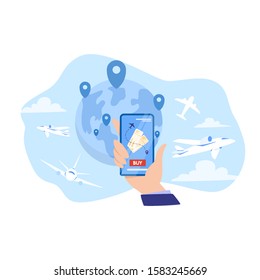 Book Flight Online Concept. Idea Of Travel And Tourism. Planning Trip Online. Buy Ticket On Plane In The App. Vector Illustration In Cartoon Style