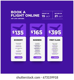 Book a Flight Online and Get Low Airfares Different Plans Economy Business First Class UI Screen Design