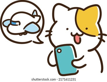 Book a flight ticket on your smartphone Cute kitten cartoon style handwritten illustration