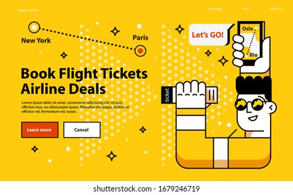 Ofertas de la aerolínea "Book Flight Tickets". Interesante ilustración web vectorial para sus proyectos. Estilo de línea plana. Fondo amarillo.