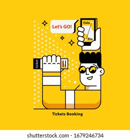 Book Flight Tickets Airline Deals. Interesting vector web illustration for your projects. Flat line style. Yellow background.