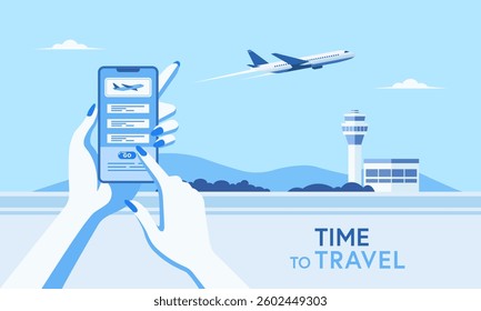 Book flights from your smartphone with airplanes taking off and airports in the background.
