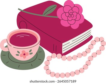 A book with a flower on top, a teacup, and a pearl necklace in a cartoon style. The scene includes a cup of tea, a novel, and a floral decoration. Cartoon vector illustration.