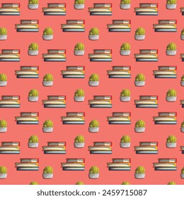 ilustración de patrón de libro y flor con fondo rosa