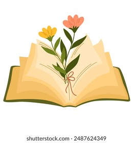 Reserva con flores. Herbario. Acogedoras flores y hojas de otoño. Literatura, diccionario, enciclopedia, planificador con marcadores. Ilustración vectorial plana de color aislada sobre fondo blanco