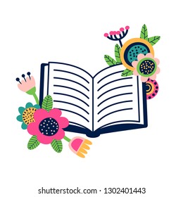 a book in flowers; vector icon or logo,  graphic symbol isolated on white.