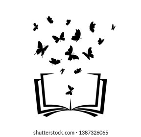 Book with flying up butterflies . Vector isolated decoration element from scattered silhouettes. Conceptual illustration of creative learning and motivation for communication.