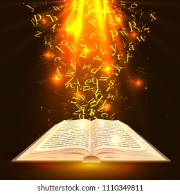 Book with flying letters art. Vector illustration
