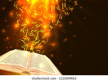 Book with flying letters art. Vector illustration