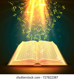 Book with flying letters art. Vector illustration