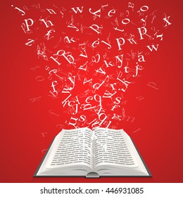 Buch mit fliegenden Buchstaben. Das gestalterische Element des Bildungskonzepts. Vektorgrafik