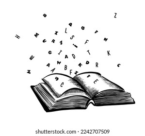 Book with flying letters, Education template design element, Vector illustration