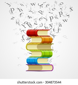 Book with flying letters. Vector Illustration
