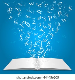 Libro con letras voladoras. Ilustración del vector