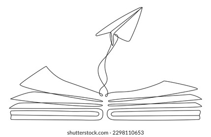 Book with flying paper airplane continuous line drawn.Vector illustration isolated on white.