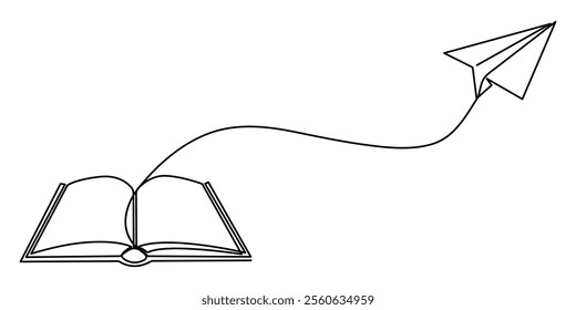 Book with flying paper airplane continuous line drawn. Education linear symbol. Vector illustration isolated on white, Opened book and flying paper plane continuous one line drawing. Hand drawn line. 