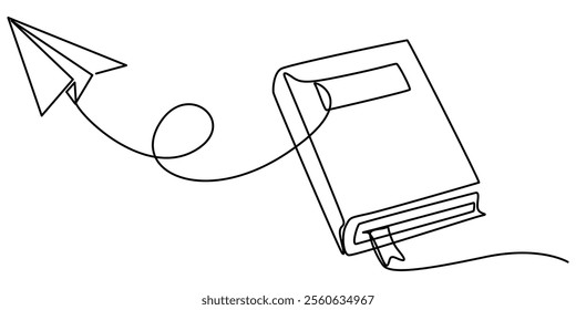 Book with flying paper airplane continuous line drawn. Education linear symbol. Vector illustration isolated on white, Opened book and flying paper plane continuous one line drawing. Hand drawn line. 