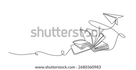 Book with flying paper airplane continuous line drawn. Education linear symbol.	
