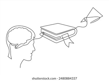 book and flying paper plane continuous one line drawing. Hand drawn line art vector illustration, Creative strategy and education innovation, Minimalist simple contour design.