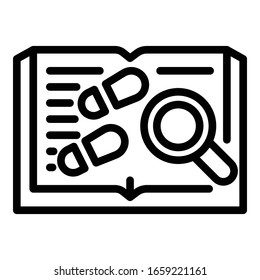 Book footprints and magnifier icon. Outline book footprints and magnifier vector icon for web design isolated on white background