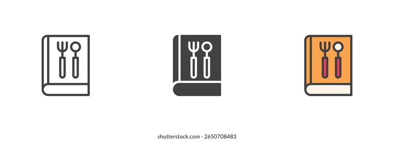 Libro con tenedor y cuchara icono conjunto. Versiones de líneas, contorno sólido y lleno de colores. Símbolo de Vector de cocina, cocina y recetas.