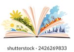 Book four seasons summer, winter, spring, autumn. Open book with different season on pages. Reading fantasy storybook about nature. Vector illustration