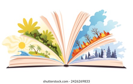 Book four seasons summer, winter, spring, autumn. Open book with different season on pages. Reading fantasy storybook about nature. Vector illustration